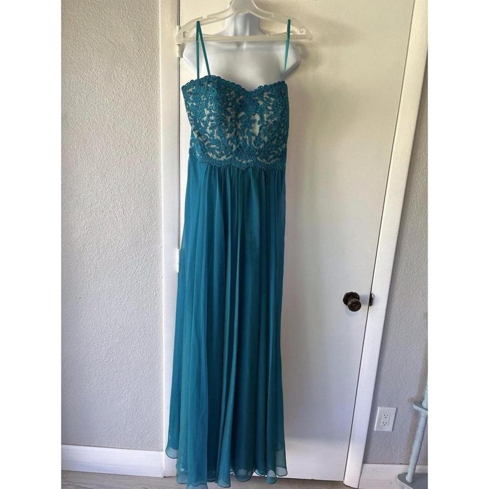 Prom Dress Strapless Teal Sweetheart Formal Medium Chiffon FLAW - Picture 2 of 8